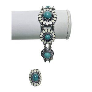 Avon Silver Tone, Faux Turquois And White Enamel Bracelet And Ring Set (6157)